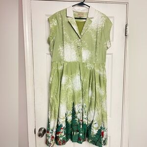 Lindy Bop Green and White Forest Print Midi Dress